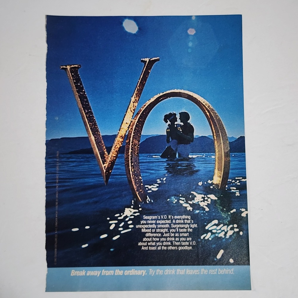 Vintage Print Ad Seagram's V.O. couple in ocean mountains clipping 1983 8x10.5